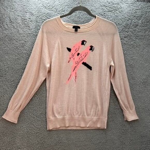 J.Crew Women's Knit Sweater 100% Merino Wool Pink Parrots Crew Neck Lightweight - Picture 1 of 10
